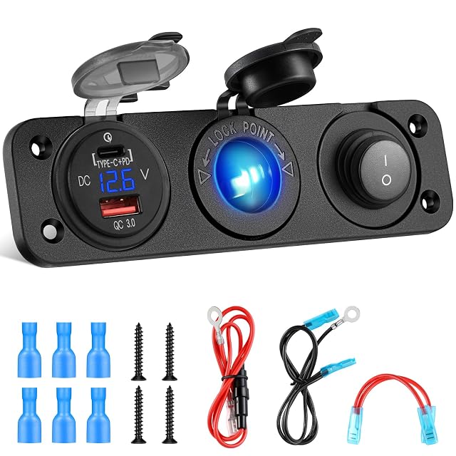 Presa da pannello Kohree 12 V con porte USB-C, QC 3.0 e display della tensione