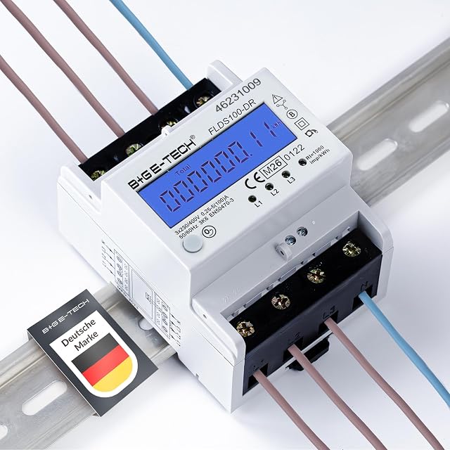 Contatore trifase su guida DIN B+G E-Tech con display retroilluminato blu