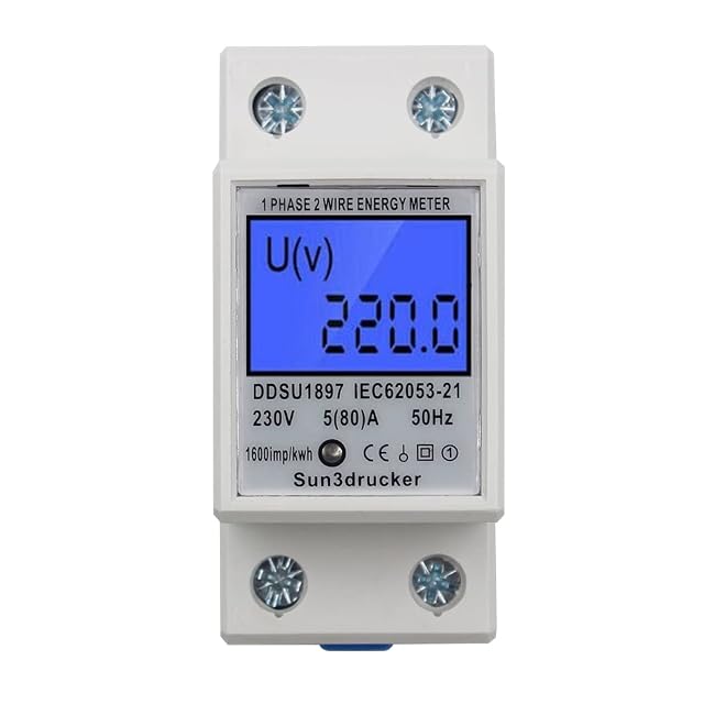 Contatore di kWh monofase su guida DIN Sun3drucker con LCD retroilluminato