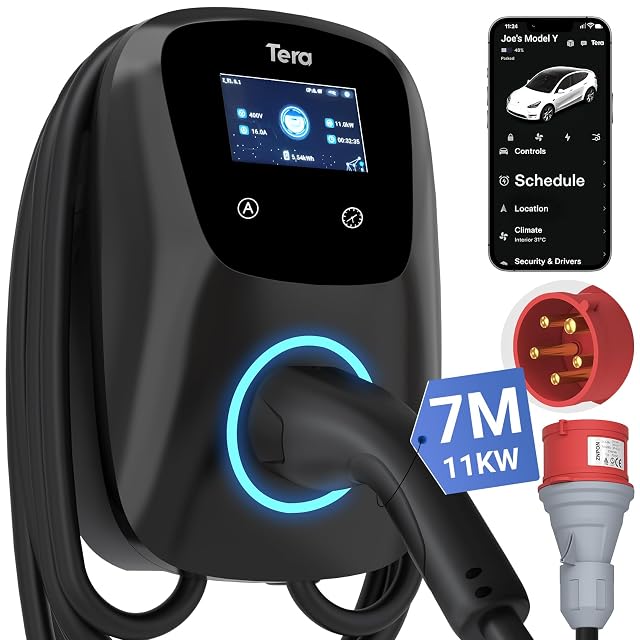 Caricatore Tera W01 per veicolo elettrico con cavo Type 2 e supporto a parete