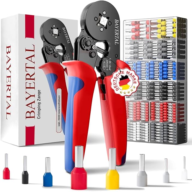 Pinza a crimpare i puntalini Bayertal con rotella di regolazione della forza e 2.000 puntalini