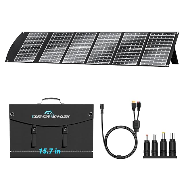 Pannello solare pieghevole Ecosonique da 100 W con il suo set di adattatori disposto