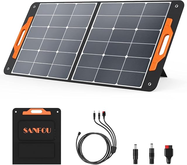 Pannello solare pieghevole Husgw da 100 W aperto con la sua maniglia di trasporto