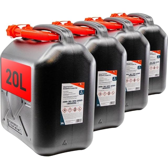 Taniche di plastica nera KOVA da 20 litri con tappi rossi, quattro per lotto