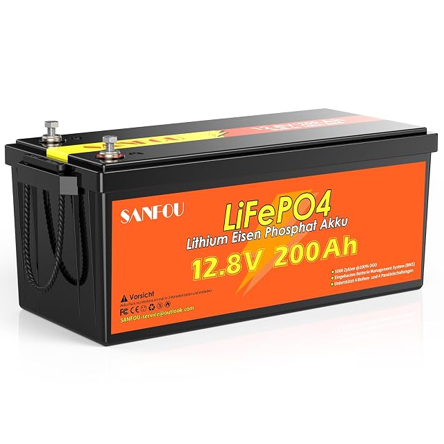 Batteria LiFePO4 Husgw da 200 Ah in una grande cassa nera