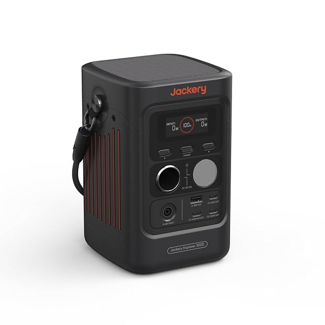Stazione di energia Jackery Explorer 300D in piedi con il suo cavo USB-C integrato come maniglia