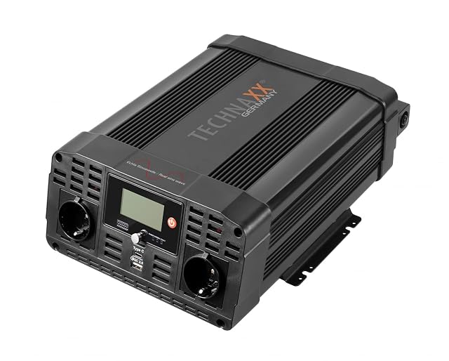 Inverter a sinusoide pura Technaxx da 2000 W con due prese Schuko e display LCD