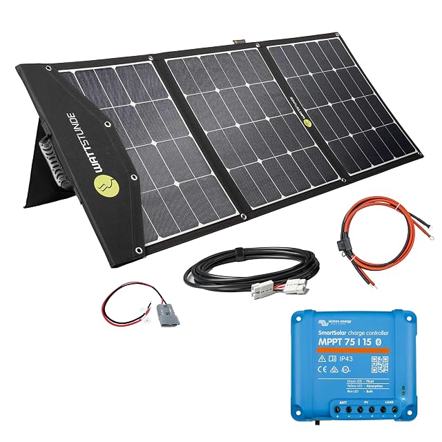 Valigia solare WATTSTUNDE SunFolder con un regolatore Victron MPPT e i suoi cavi