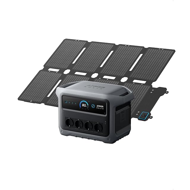 Stazione Anker SOLIX C1000 Gen 2 con un pannello solare pieghevole da 100 W aperto dietro di lei