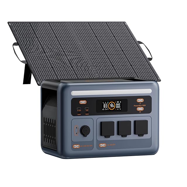 Stazione di energia OSCAL PowerMax 1800SE accanto a un pannello solare pieghevole da 100 W