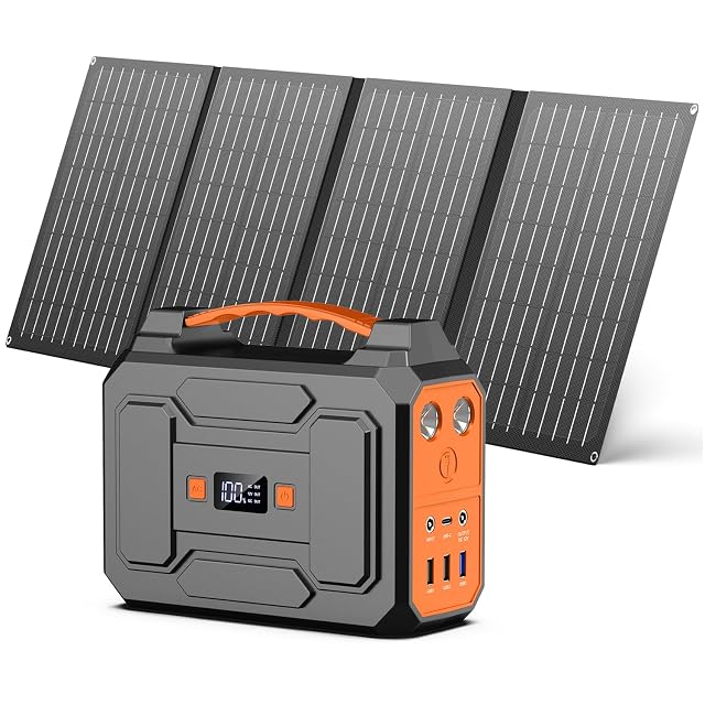 Stazione di energia portatile Powkey accanto al suo pannello solare da 40 W ripiegato