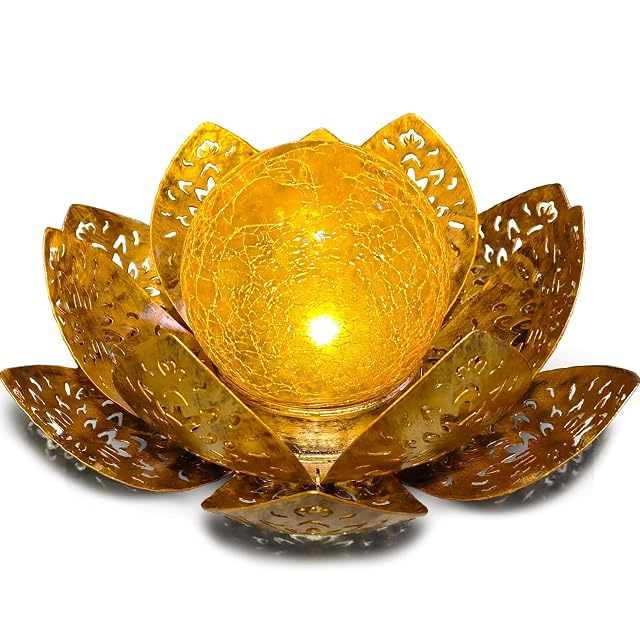 Lampada solare da terra ORHOMELIFE a forma di loto con vetro craquelé ambra