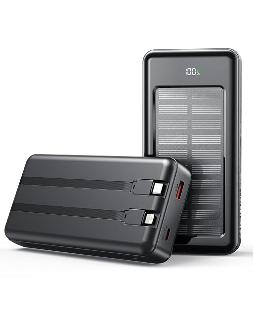 Batteria esterna solare Bextoo da 27.000 mAh con i suoi due cavi