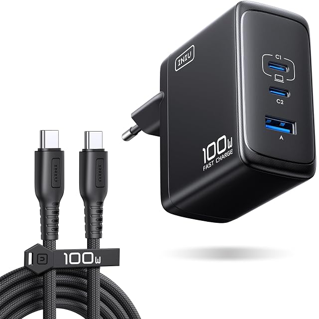 Caricatore INIU da 100 W a tre porte con il suo cavo USB-C incluso