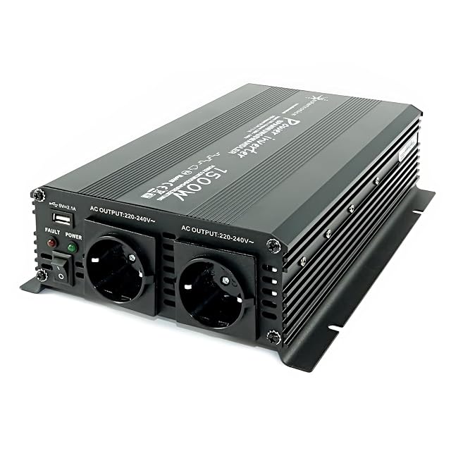 Convertitore di tensione solartronics NM1500 nero con i suoi cavi da batteria