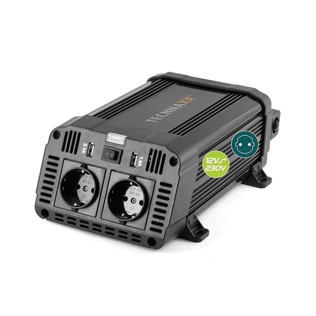 Convertitore di tensione Technaxx TE16 con due prese Schuko e la sua staffa di fissaggio